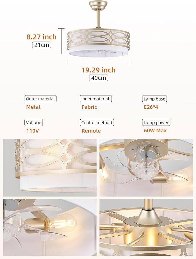 20" Gold Boho Ceiling Fan with Light, Caged Fandelier Ceiling Fans with Lights Remote Control with 6 Speeds for Bedroom, Living Room, Nursery