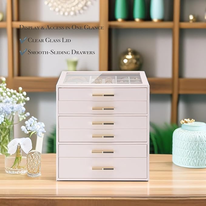 VLANDO 6-Drawer Jewelry Box with Glass Lid, Faux Leather Organizer for Rings Earrings Necklaces and More, Gift-Ready Jewelry Case for Women Girls or Moms, Pink Beige