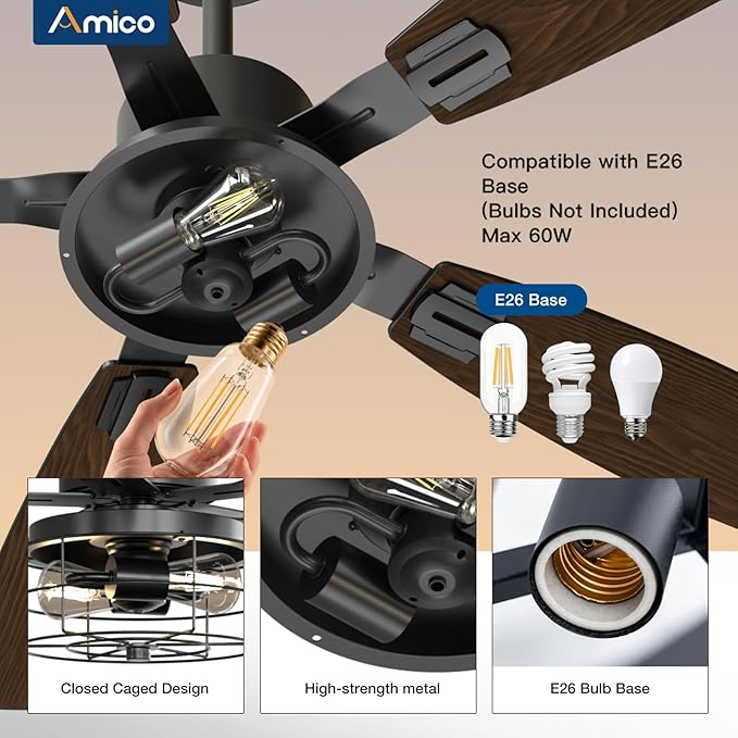 Amico 52 inch Ceiling Fans with Lights, Caged Ceiling Fan with Light and Remote Control, Dimmable, 3CCT, Quiet, Black Farmhouse Ceiling fan For Living Room, Bedroom, Kitchen, Patio Indoor/Outdoor Use