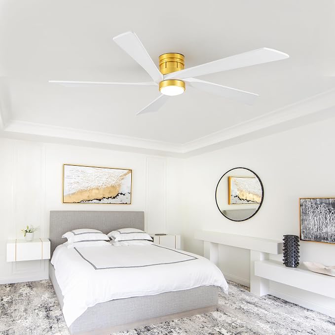 EKIZNSN 72 Inch Modern Low Profile Ceiling Fan with Lights for Living Room, 5 Walnut Wood Blades, 6-Gear Speed, 110V Noiseless Reversible DC Motor (Gold Finish with White Blades)