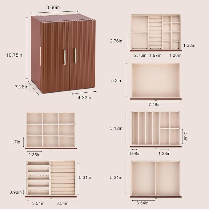 Dajasan Large Jewelry Organizer Box, 6-Tier Jewelry Storage Case with 5 Drawers, Jewelry Boxes for Women Girls with Mirror, Double Door, Textured PU Leather, Gift Idea, Stylish (Brown + Gold)