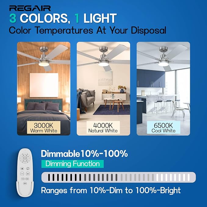 Ceiling Fan With Light 52-Inch, Remote Control Reversible DC Motors, 3CCT Dimmable Timer Noiseless, Nickel Ceiling Fan for Bedroom Living Room, Indoor&Outdoor ETL Listed