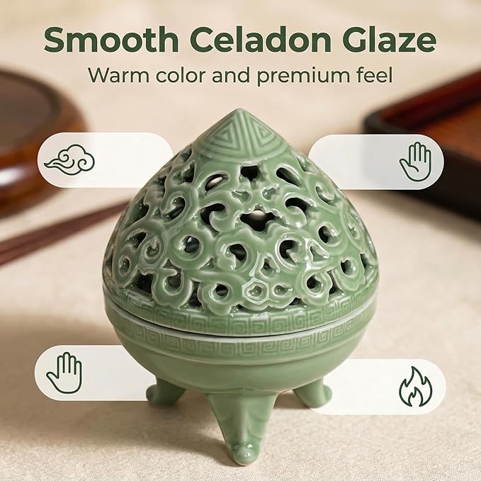 Mini Ceramic Incense Burner - Chinese Classic Plum Green Celadon Glaze, Fragrance Cone & Stick Holder Palo Santo/Sage/Herb Burner for Meditation, Yoga, Desk Decor, Zen Relaxation Gift (Cloud-B)