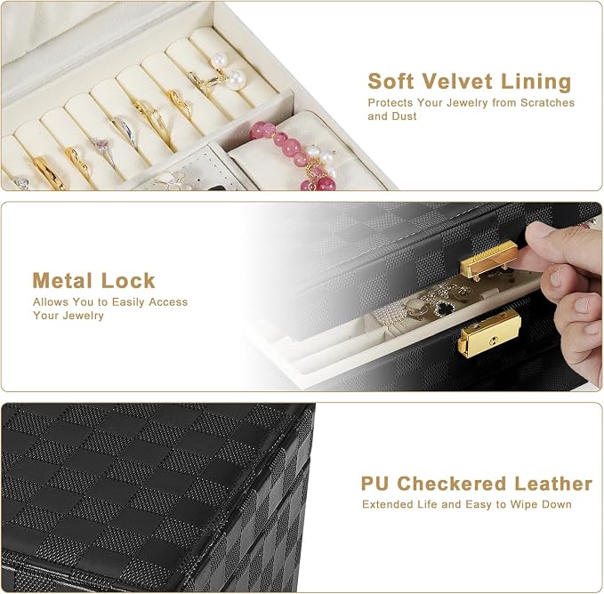 GUOER Jewelry Box for Women Girl Wife - Large PU Leather Jewelry Organizer Storage Case with Two Layers Display for Earrings Bracelets Rings Watches (Checkered Black)