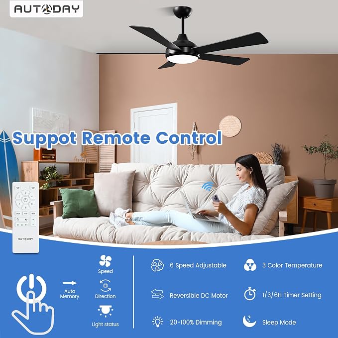 52 Inch Ceiling Fans with Lights and Remote - Black Ceiling Fan with Light, Quiet Reversible DC Motor, Dimmable Tri-Color LED, 5 Blades, Modern Indoor/Outdoor Ceiling Fans for Patios Bedroom