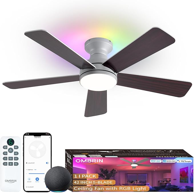 42 Inch Ceiling Fans with Lights, Smart Ceiling Fan with Alexa, Silver Ceiling Fan with RGB Lights Remote, 6 Speeds Reversible DC Motor, Modern Flush Mount for Bedroom Living Room