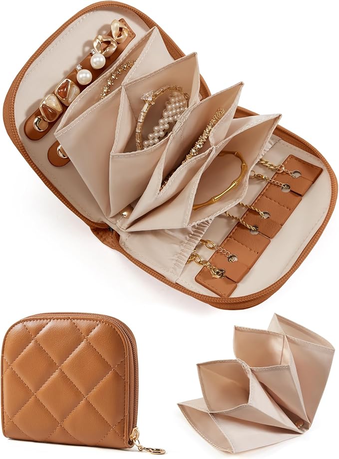 BAGSMART Travel Jewelry Case, Leather Zip for Rings Necklaces | Removable inner pocket, 3 tangle-free clips, 1 elastic pocket, 2 leather snap straps for rings/earrings