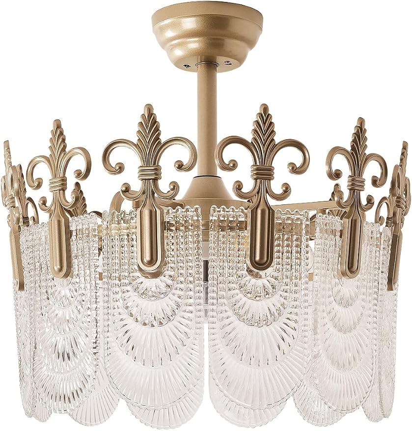 Gold Crystal Fandelier Ceiling Fan with Light,20" Gold French Chandelier Ceiling Fans with Lights Remote Control, Morden Mid-Century Caged with 6 Speeds for Bedroom, Nursery, Living Room