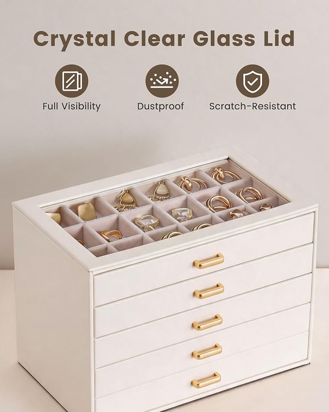 Lolalet Earring Organizer, Jewelry Box with Clear Lid -Beige, 5 Layer | PU Leather, Velvet, Removable Dividers, Dustproof, Easy Clean, For Studs Rings, Gift for Women Girls, Home Aesthetic Decor