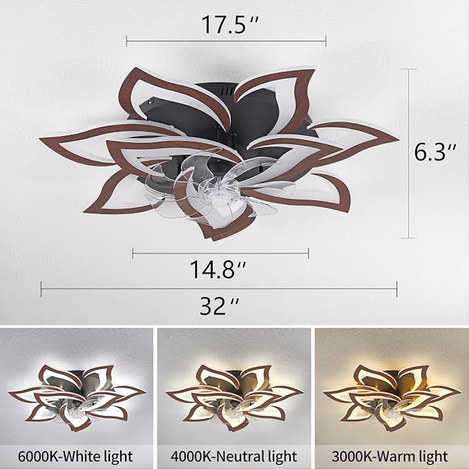 Modern Ceiling Fan with Lights Remote Control, 32" Wood 6 Speeds 3 Light Color Low Profile Flush Mount Ceiling Fan for Kitchen Bedroom