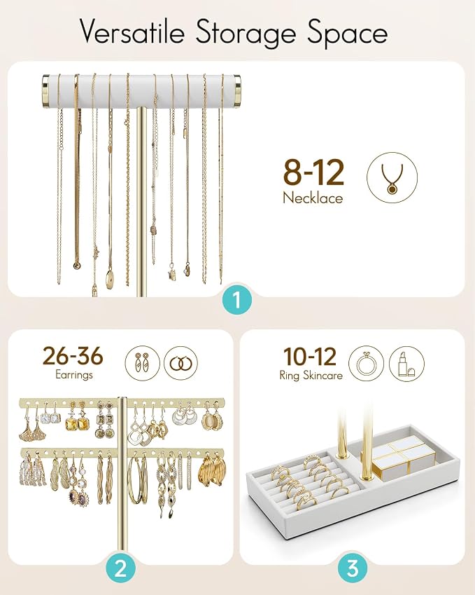 VLANDO 2 Tier Necklace Holder Organizer with Tray, Leather Bracelet Holder Display for Women, Gold Jewelry Holder Stand for Bracelet, Necklace, Earrings, Rings - White