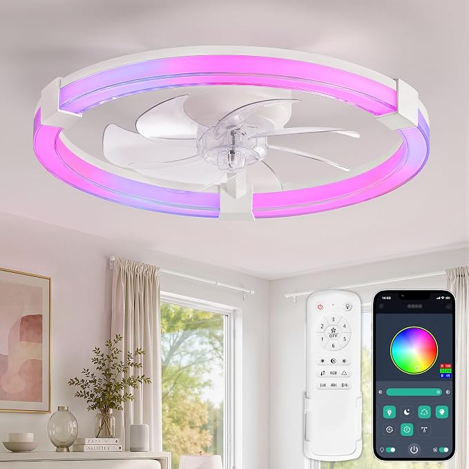 LEDIARY Ceiling Fan with Light,20inch Low Profile Fandelier with Remote RGB | RGB,6 Speeds, Reversible DC Motor, Dimmable Flush Mount Fan Light, Modern fans for Bedroom