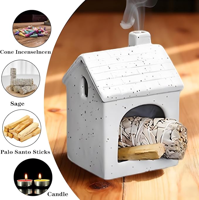 Ceramic Mini Chiminea Palo Santo Burner | Sage & Incense Cone Holder | Stable Smudge Bowl for Zen Altar, Meditation, Yoga | Home Decor & Gift (White)
