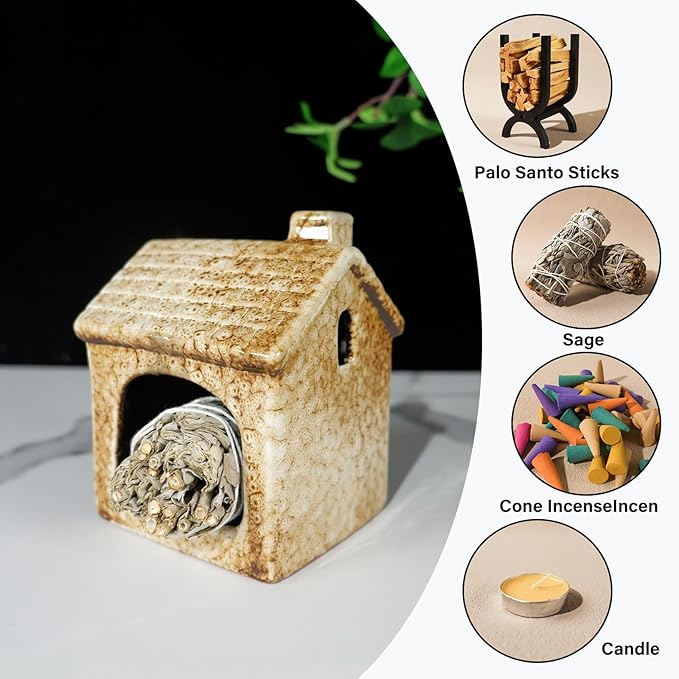 Mougigi Ceramic Brown House Palo Santo Burner Holder | Mini Chiminea Design for Sage & Incense Cones | Stable Base Smudge Bowl Dish | Perfect for Zen Altar, Meditation, Yoga Spaces, Home Decor & Gifts