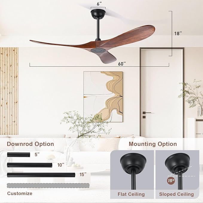 heimo 60 Inch Outdoor Ceiling Fan No Light，Wood Ceiling Fans Without Lights for Patios Bedroom Living Room Indoor Outside Reversible Ceiling Fan for Angled Sloped Ceiling(Walnut)