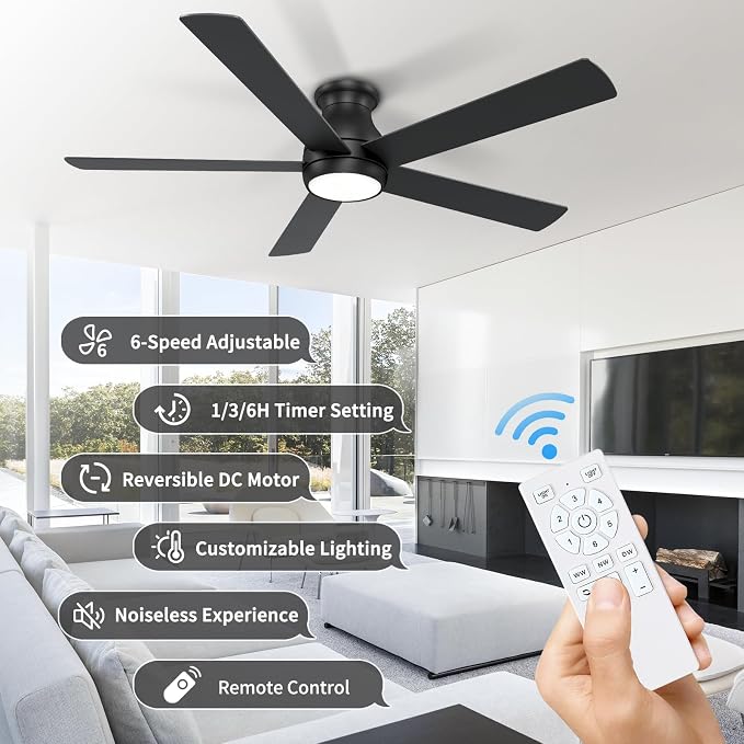 POCHFAN 60 Inch Black Ceiling Fans with Lights and Remote, LED Low Profile Flush Mount Ceiling Fan for Bedroom, Living Room, Quiet DC Motor, Dimmable 6 Speeds