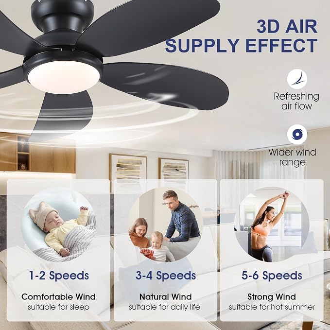 PHORUS 42"Black Low Profile Flush Mount Ceiling Fans with Lights and Remote | Super Large Airflow with 6 Wind Speeds, Reversible, Dimmable 3 CCT LED, 30W Noiseless DC Motor,Timer, for Bedroom Kitchen
