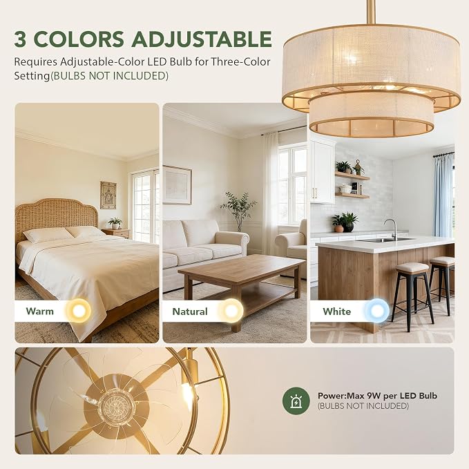 20" Boho Ceiling Fan Light and Remote, Fabric Chandelier Ceiling Fan Light, Caged Fandelier with Lights Flush Mount, 6 Wind Speeds Enclosed Ceiling Fan for Bedroom, Living Room, Dining Room