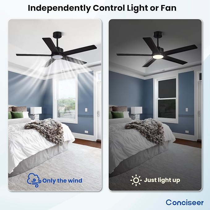 Conciseer Modern Ceiling Fans with Lights,52 Inch Ceiling Fans with Remote for Bedroom Living Room Kitchen, 18W 6CCT Dimmable，5 Blades 6 Speed Reversible Quiet DC Motor Black