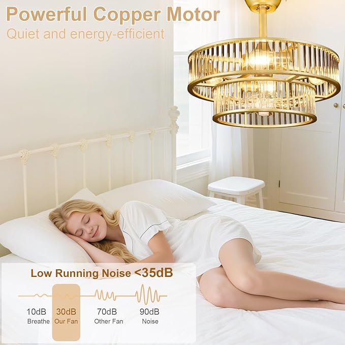 Depuley Bedroom Ceiling Fan with Lights: 20" Gold Chandelier Cagd Fan with Remote Control - Modern Crystal Fandelier for Girl's Bedroom Living Room Nursery (E26 Bulbs Not Included)