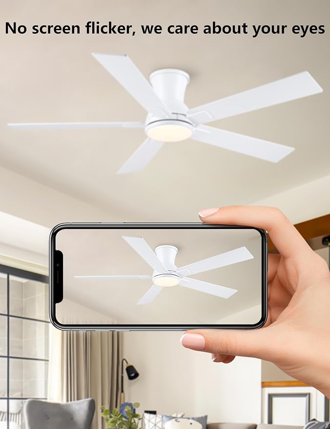 52 Inch White Flush Mount Ceiling Fan with Light, 3CCT Dimmable LED, 6-Speed Remote Control, Reversible Motor,Quiet Low Profile Energy-Efficient for Bedroom & Living Room,ETL Listed