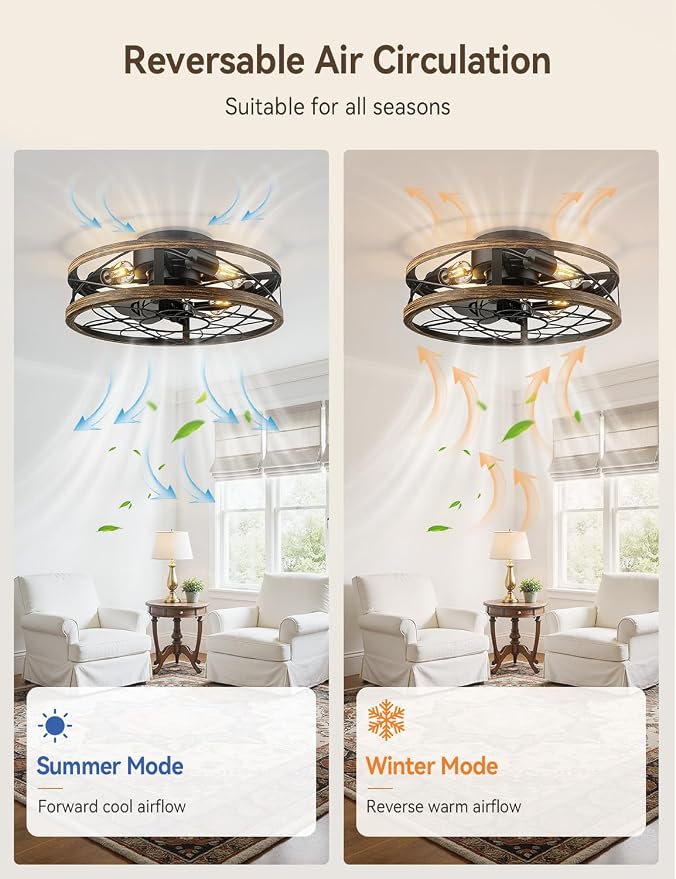 AKOFUN 20" Cage Ceiling Fan with Light and Remote, Low Profile Flush Mount Fan, 6 Speed Reversible DC Motor, 1/2/4/8/12H Timer, Bladeless Fandelier Rustic Farmhouse Light for Bedroom Living Room Patio