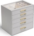 VLANDO 5 Layer Jewelry Box for Women, Glass Lid Jewelry Organizer with 5 Drawers for Necklaces Rings Earrings Bracelets - Grey