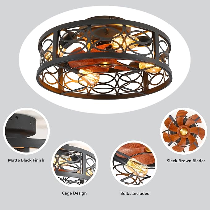 20" Caged Ceiling Fan with Light and Remote，Bladeless Ceiling Fan 6 Speed Reversible with 4 Bulbs and Remote Control.Low Profile Ceiling Fans with Lights for Bedroom, Dining Room