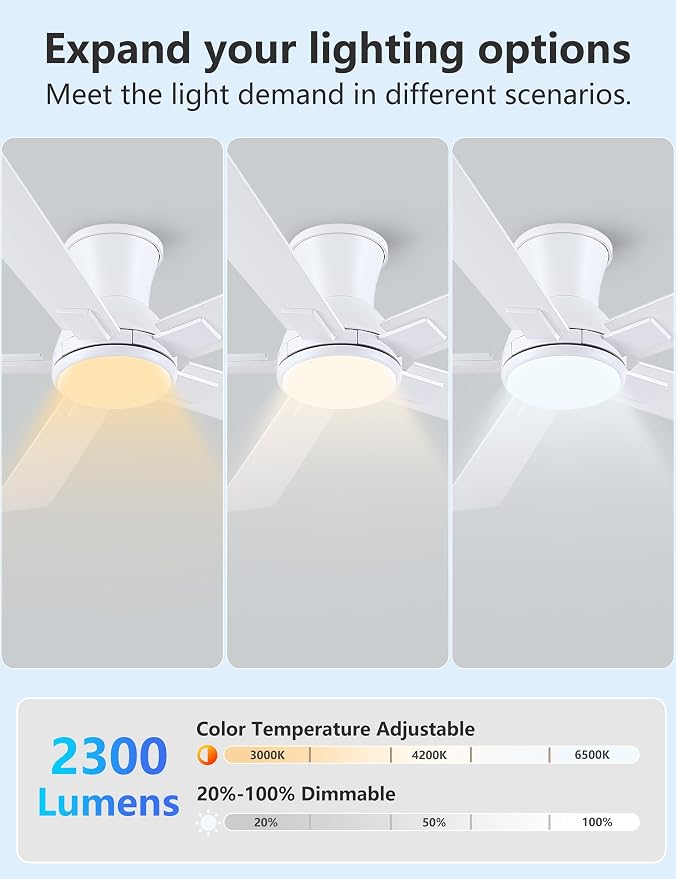 52 Inch White Flush Mount Ceiling Fan with Light, 3CCT Dimmable LED, 6-Speed Remote Control, Reversible Motor,Quiet Low Profile Energy-Efficient for Bedroom & Living Room,ETL Listed