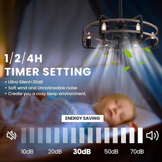 NOXARTE Cage Ceiling Fan with Light, Vintage Fandelier Remote Control, Bladess Industrial Chandelier Ceiling Fan Reverse Motor for Living Dining Room Bedroom Dia 25 Inch
