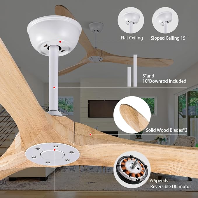 Bigzone 70" Living Room Ceiling Fan With Remote Control, Energy Efficient Quiet DC Motor, 3 Wood Blades, Outdoor Ceiling Fans For Patios With Reversible Blades