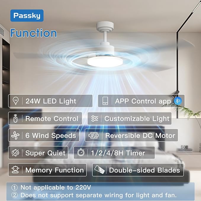 Passky Ceiling Fans with Lights, 60 inch Sleek Ceiling Fan with Light and Remote Control, 3CCT, Dimmable, Reversible, Noiseless, White Ceiling Fan for Bedroom, Living Room