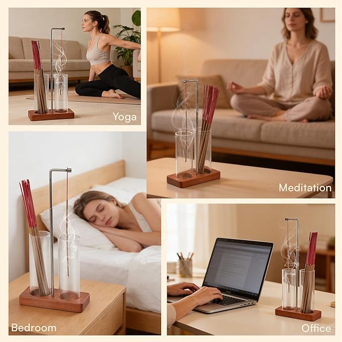 Adjustable Incense Holder for Sticks, 2 in 1 Incense Burner with Glass Ash Catcher, Upside Down Incense Holder with Threaded Lock, Modern for Meditation Yoga Spa Home Decor (Extends 8.7"-13.4")