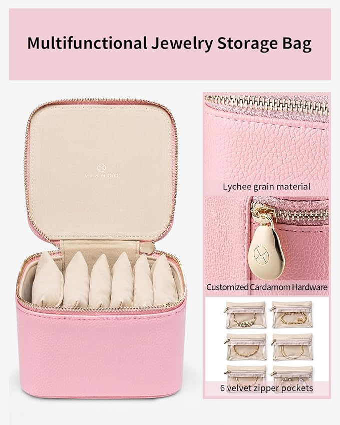 VLANDO Travel Jewelry Box for Women,Faux Leather Jewelry Case with 6 Velvet Jewelry Zipper Pockets,Gift Ideas for Women Wife Earrings Necklace Rings Storage Boxes(Strawberry Pink)