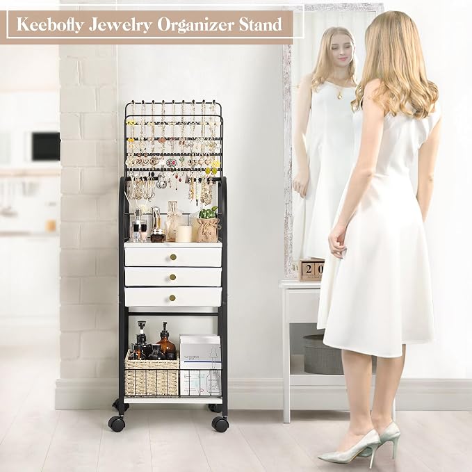 Keebofly Large Floor Jewelry Organizer Stand with 3 Drawers - Black | Mobile Jewelry Tower Holder with Display, Large Capacity Rack for Necklaces & Rings, Perfect Storage Gift for Women