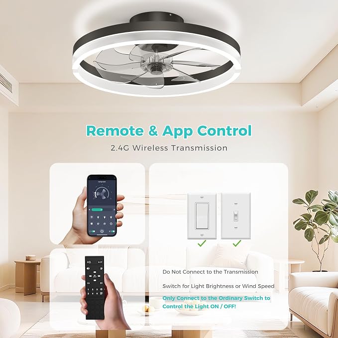 RGB Ceiling Fans with Lights and Remote, 20 Inch Flush Mount Low Profile Ceiling Fan with Light,3000K-6500K Dimmable,Modern LED Fandelier Ceiling Fan for Bedroom Living Room (Black)