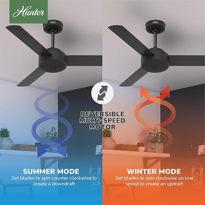 Hunter Presto, Indoor, Ceiling Fan, No Light, Modern, 44 inch, Matte Black | Standard Mount, Wall Control, 3 Blades, For Bedroom, Living Room, Kitchen, 51847
