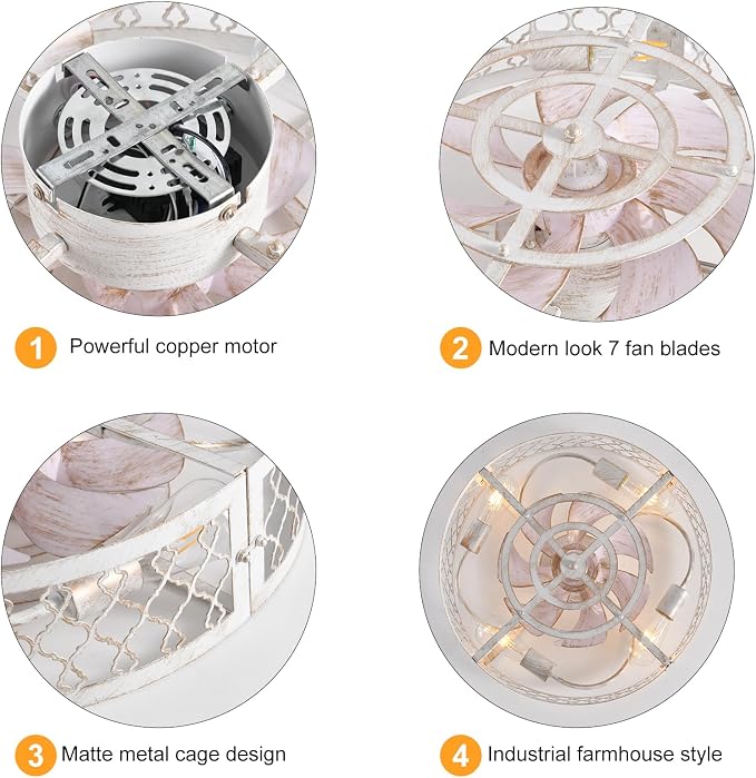 Garwarm Caged Ceiling Fan with Light,20" Flush Mount Ceiling Fan with Remote,Bladeless Low Profile Fandelier Small Ceiling Fans with Lights for Bedroom,Dining Room