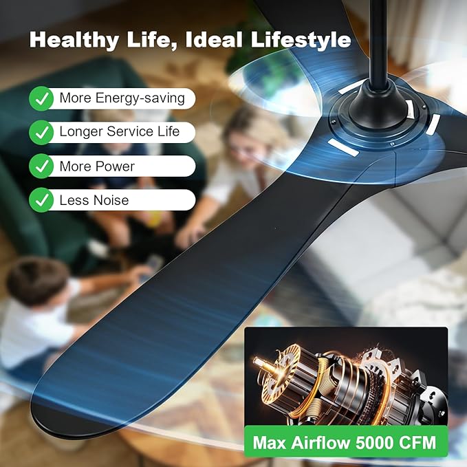 72 Inch Ceiling Fans with Lights and Remote, Wood Outdoor Ceiling Fan with 6 Speed Noiseless DC Motor, Indoor Modern 3 Blade Propeller Ceiling Fan for Bedroom Living Room Gazebo Patio (Black)
