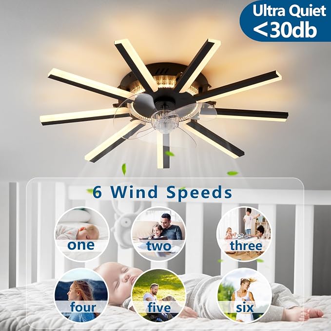 Modern LED Ceiling Fan with Light, 30" Low Profile Flush Mount Fandelier with Remote Dimmable 6 Speed Smart Ceiling Fan for Bedroom Living Room Dining Room