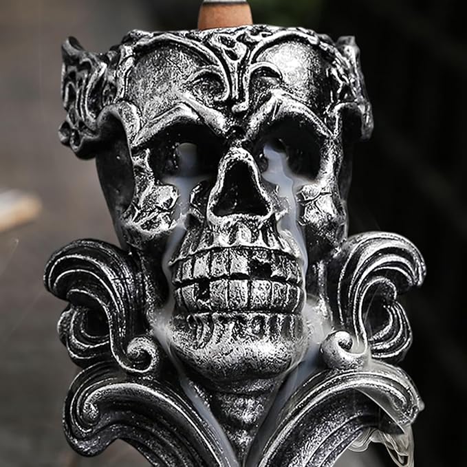 Comeon Backflow Incense Holder Burner Resin Skull Incense Burner Waterfall Incense Burner Home Decor + 20 Backflow Incense Cones + 30 Incense Sticks +1 Tweezer +1 Mat（Metallic Silver）
