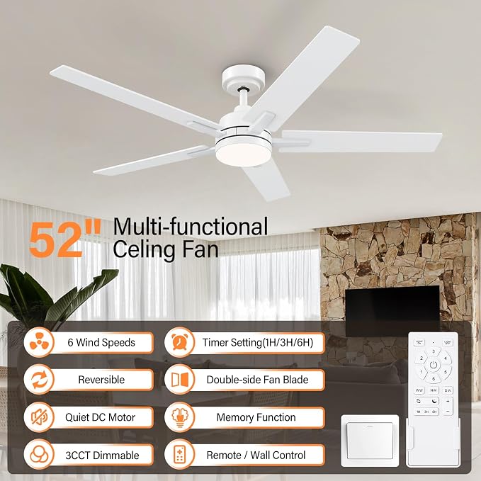 52 Inch White Ceiling Fans with Lights and Remote, Low Profile 5 Blades Ceiling Fan with Downrods, Reversible, 3CCT, Dimmable, Noiseless for Living Room, Bedroom and Patio