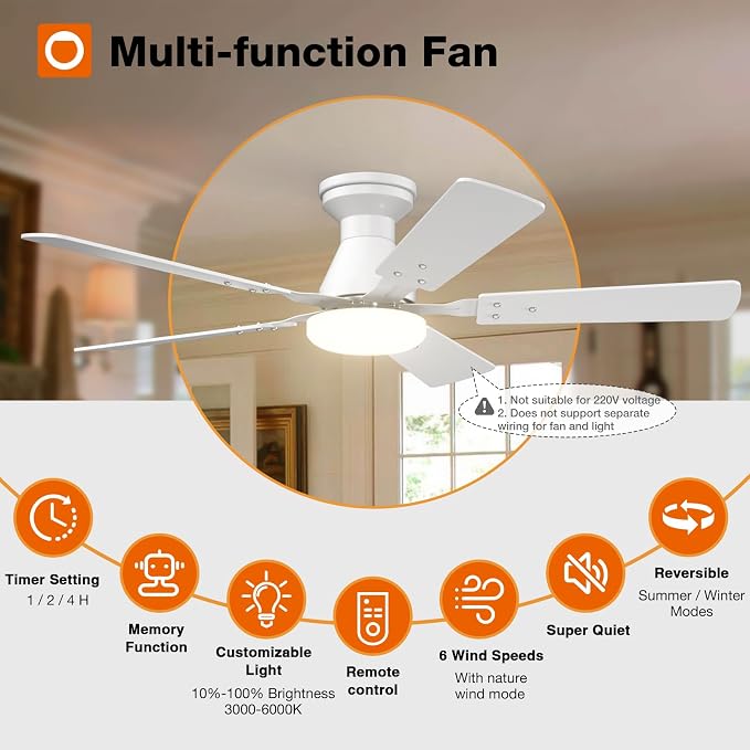 addlon 2 Pack Ceiling Fans with Lights, 48 inch White Ceiling Fan with Light and Remote Control, Reversible, 3CCT, Dimmable, Noiseless, Ceiling Fan for Bedroom, Farmhouse, Indoor/Outdoor Use