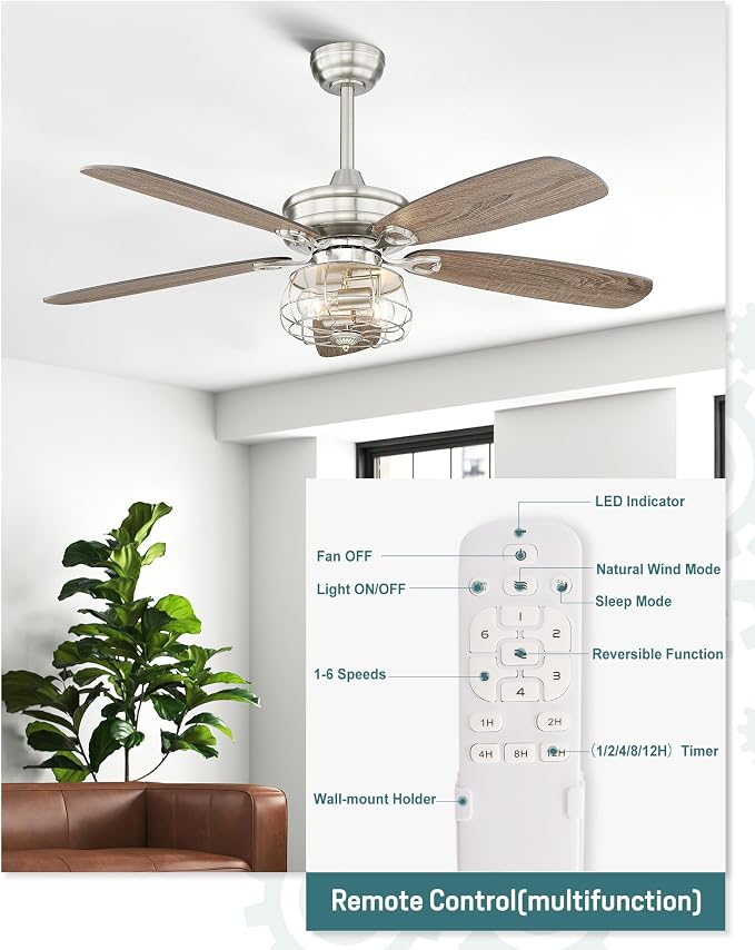 Melkelen Farmhouse Ceiling Fans, 52 Inch Ceiling Fans with Lights and Remote Control, Rustic Barn wood Blades, Industrial Cage Light, Nickel