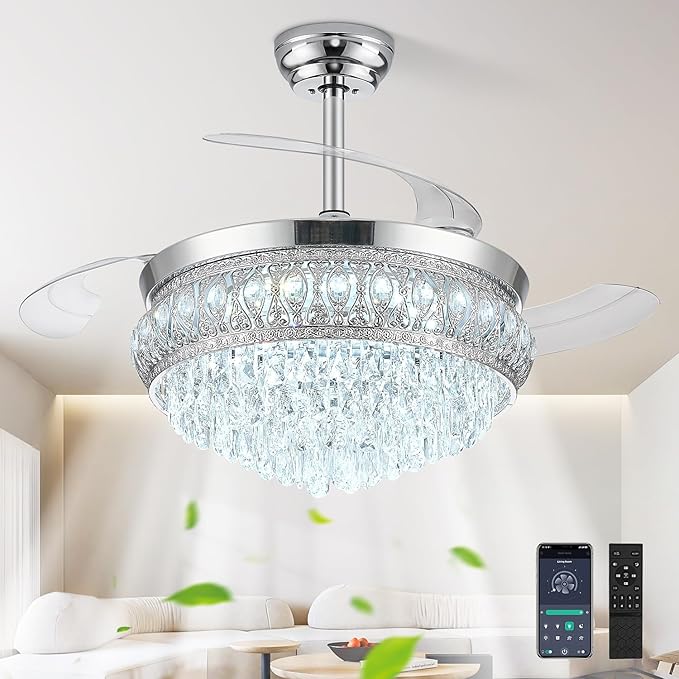42" Fandelier Ceiling Fan with Light, Crystal Retractable Ceiling Fan with Lights and Remote, Chandelier Fans for Bedroom Living Room, Reversible DC Motor, Dimmable, 6 Speeds - Chrome