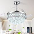 42" Fandelier Ceiling Fan with Light, Crystal Retractable Ceiling Fan with Lights and Remote, Chandelier Fans for Bedroom Living Room, Reversible DC Motor, Dimmable, 6 Speeds - Chrome