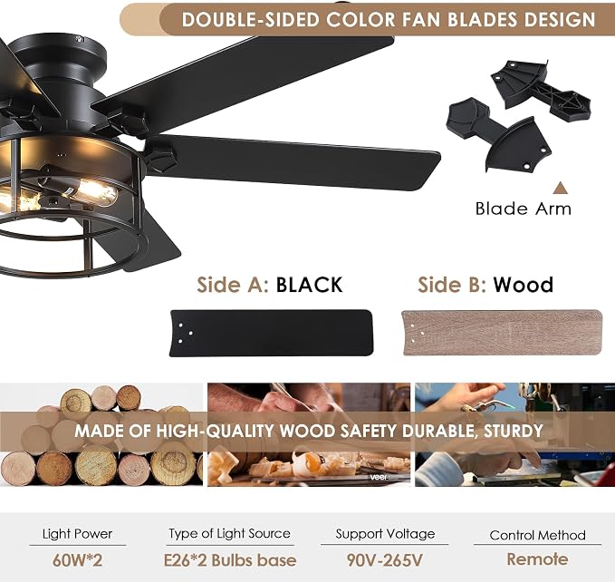Hounberi 52" Caged Ceiling Fan with Lights and Remote, 6-Speed Quiet DC Motor & E26 Base, 6 Reversible Blades for Black & Wood, Modern Rustic Low Profile Ceiling Fans for Bedroom & Living Room