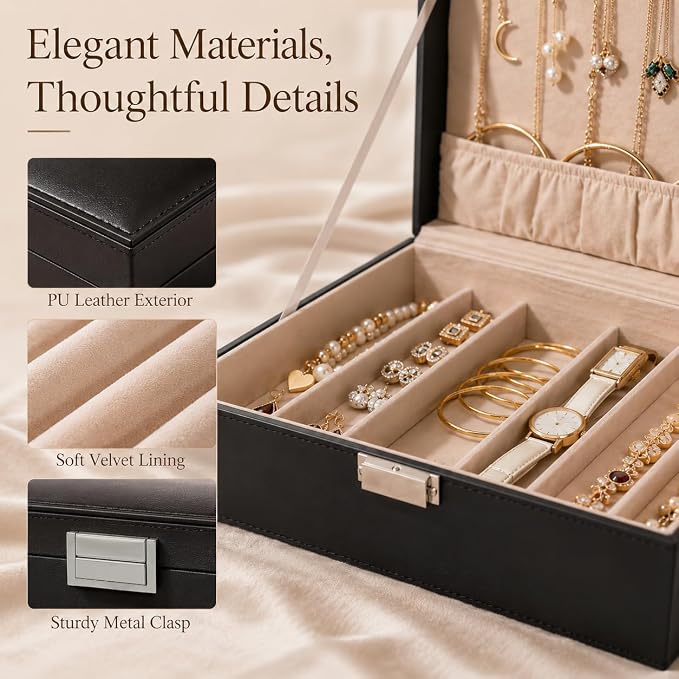 BEWISHOME Jewelry Box for Women, 2 Layer Jewelry Organizer Storage Case with Necklace Holder, Leather Jewelry Organizer Box for Earrings Rings Bracelets, Large Jewelry Storage Box (Black SSH31B)