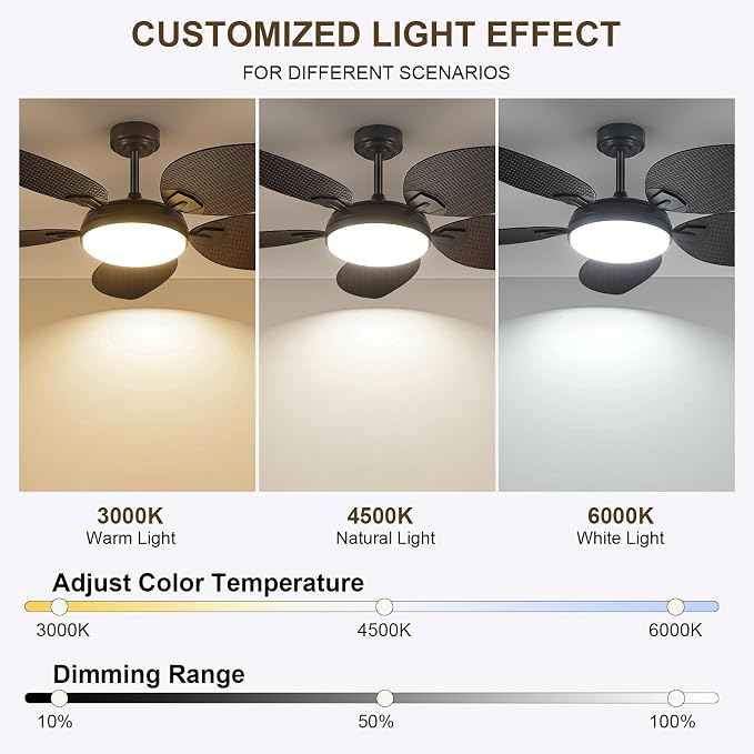 52"Tropical Outdoor Palm Leaf Ceiling Fans with Lights and Remote/APP | 5 Double-Sided Blades, 6 Wind Speeds, Reversible, Dimmable 3CCT LED, 50W Quiet DC Motor,Suits for Living Room Bedroom Patio