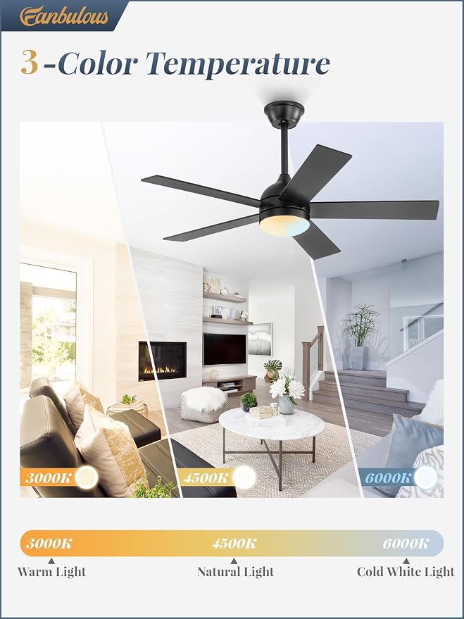 Fanbulous 42 Inch Ceiling Fan with Light and Remote, Black Ceiling Fans with Light, 5 Dual-Color Blades, Reversible Quiet DC Motor, 6 Speeds, 3CCT Adjustable LED for Bedroom Living Room Kitchen Patio